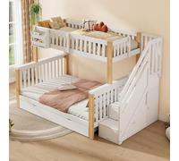 Generisch Lit superposé double multifonction pour adolescent avec panier de rangement, tiroir, armoire d'escalier, armoire de rangement, sans matelas, blanc + naturel