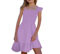 Generisch Lot de 140 robes d'été smockées sans manches pour fille avec poches et plis, lilas, 11-12 ans