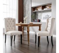 Generisch Lot de 2 chaises de salle à manger en velours avec pieds en chêne, bouton, frapper chromé et tête à clous, pour chambre à coucher, cuisine, salon, loisirs, beige