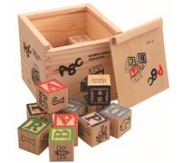 Generisch Lot de 27 blocs de construction en bois avec lettres de l'alphabet dans une boîte en bois - Chiffres anglais - Animaux - Fruits - Illustrations - Jouets éducatifs - 1 an, 2 ans, 3 ans