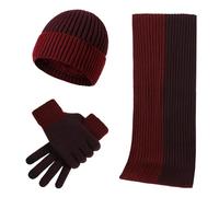 Generisch Lot de 3 bonnets en laine tricotés de couleur assortie, écharpe épaisse, gants, Bordeaux, taille unique