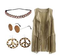 Generisch Lot de 4 costumes hippie pour femme - Ensemble de costume hippie avec collier, boucles d'oreilles, lunettes de soleil - Gilet à franges - Gilet de cowboy - Carnaval des années 70 - Style