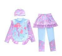 Generisch Lot de 4 maillots de bain pour fille avec jupe, manches cruciformes + short + chapeau - Jupe de natation avec fermeture éclair - Bikini sirène - Piscine d'été - Plage - Imprimé coloré - Fête