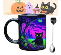 Generisch Lot de 4 tasses à café en céramique effrayante pour Halloween, Midnight Mystery Black Cat Mug, 320 ml, avec design de château gothique, cadeau pour les amoureux des chats (C)
