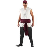 Generisch Lot de 6 vêtements médiévaux pour homme - Costume de viking médiéval avec chemisier, pantalon, boucles d'oreilles, foulard, masque pour les yeux et ceinture - Costume de pirate
