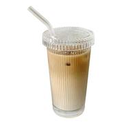 Generisch Lot de gobelets en verre nervurés avec couvercle et paille, verres à café glacé, verres à long drink, verres à smoothies, design hermétique et étanche, idéal comme café, 375 ml