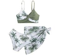 Generisch Maillot de bain 15 à 16 ans pour fille, 3 pièces, bikini avec motif floral tropical, maillot de bain pour fille avec jupe couvre-lit, maillot de bain pastel, Vert armée., 11-12 ans