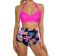 Generisch Maillot de bain 2 pièces pour femme - Taille haute - Contrôle du ventre - Vintage - Dos nu - Combinaison de loisirs - Survêtement de sport d'été, Rose chaud., L