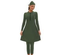 Generisch Maillot de bain 2026 pour femme, uni, manches longues, trois pièces, entouré d'une jupe de protection solaire, vert, 3XL