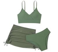 Generisch Maillot de bain 3 pièces avec jupe à volants pour fille comme tenue de bain élégante, Vert armée., 13-14 ans