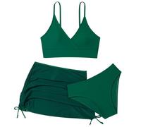 Generisch Maillot de bain 3 pièces pour fille, couleur unie, bikini enveloppant, avec jupe froncée, Vert foncé., 9-10 ans