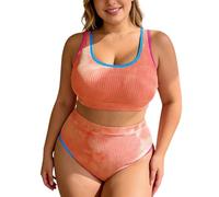 Generisch Maillot de bain deux pièces grande taille avec dégradé de couleur pour une forme optimale du corps et pantalon à coupe haute, Orange, 3XL