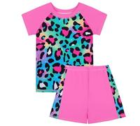 Generisch Maillot de Bain Fille Bikini Enfants Maillot de Bain pour Enfants Filles Manches Courtes Maillots de Bain et Shorts Léopard Cœur Imprimé Maillot de Bain Ensemble Noir 46, Rose, 8-9 ans
