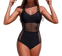 Generisch Maillot de bain pour femme en maille push-up - Maillot de bain une pièce - Col en V - Sexy - Vintage - Taille haute - Maillot de bain - Transparent - Bikini - Mode plage, O Noir., L