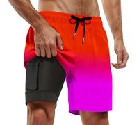Generisch Maillot de bain pour homme avec doublure de compression 2 en 1 - Respirant - Élastique - Cordon de serrage réglable - Avec poches zippées, Maillot de bain J4 rouge, XXL
