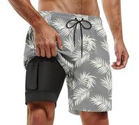 Generisch Maillot de bain pour homme avec doublure de compression - Séchage rapide - Imprimé palmiers - Short de sport pour homme - Short de bain 2 en 1 - Avec pantalon intérieur et poches - Pantalon