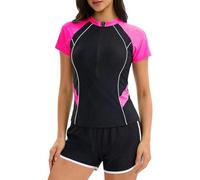 Generisch Maillot de bain rashguard 2 pièces pour femme avec demi-fermeture éclair, manches courtes et design bloc de couleur, maillot de bain tankini inclus, Rose, 3XL