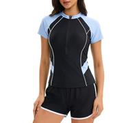 Generisch Maillot de bain rashguard 2 pièces pour femme avec demi-fermeture éclair, manches courtes et design bloc de couleur, maillot de bain tankini inclus, bleu clair, S