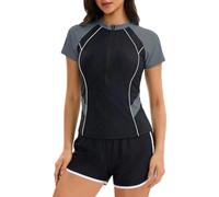 Generisch Maillot de bain rashguard 2 pièces pour femme avec demi-fermeture éclair, manches courtes et design bloc de couleur, maillot de bain tankini inclus, gris, M