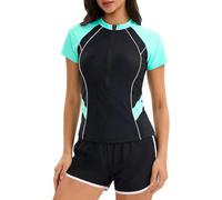 Generisch Maillot de bain rashguard 2 pièces pour femme avec demi-fermeture éclair, manches courtes et design bloc de couleur, maillot de bain tankini inclus, vert, XL