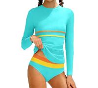 Generisch Maillot de bain rashguard à manches longues pour fille - Rayures colorées - Haut moulant et bas de bikini - Tailles 7-16T, Vert menthe., 9-10 ans