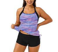 Generisch Maillot de bain tankini deux pièces avec motif floral, composé d'une culotte à coupe haute et d'un haut rashguard., Violet clair, L