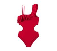 Generisch Maillots de bain enfants maillots de bain pour enfants filles volants une épaule couleur unie maillot de bain deux pièces fille, rouge, 7-8 ans