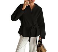Generisch Manteau caban court surdimensionné pour femme, revers ouvert sur le devant, vêtements d'hiver courts, shackets d'automne avec poches, Noir , M