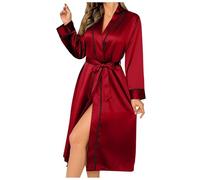 Generisch Manteau de couchage long pour femme - Robe en soie glacée avec bordure en soie - Kimono en plumes et poignets - Peignoir long avec cravate, rouge, XL