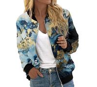Generisch Manteau en peluche pour femme - Veste zippée - Imprimé floral - Manteau - Col montant - Court - Sport - Fermeture éclair - Vêtement d'extérieur en fausse fourrure - Noir, bleu, XL