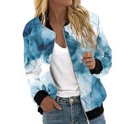 Generisch Manteau en peluche pour femme - Veste zippée - Imprimé floral - Manteau - Col montant - Court - Sport - Fermeture éclair - Vêtement d'extérieur en fausse fourrure - Noir, bleu clair, S