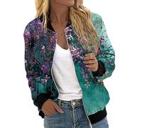 Generisch Manteau en peluche pour femme - Veste zippée - Imprimé floral - Manteau - Col montant - Court - Sport - Fermeture éclair - Vêtement d'extérieur en fausse fourrure - Noir, vert, M