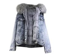 Generisch Manteau épais en polaire denim pour femme Manteau d'hiver tout lâche Manteau amovible en coton avec grand col, bleu, XL