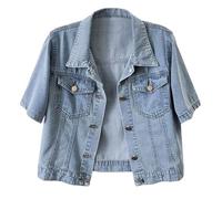 Generisch Manteau Rave pour femme - Veste en jean à manches courtes - Haut décontracté avec poches avant pour le quotidien, les trajets en déplacement, les rendez-vous, le printemps, l'été, l'automne