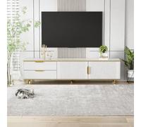 Generisch Meuble TV, plateau bas avec texture sculptée, poignées et pieds dorés,Blanc