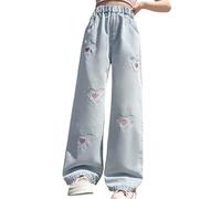 Generisch Mignon pantalon de personnalité élastique jambe large jean décontracté Demin avec poches en coton léger large droit, bleu, 10-11 ans
