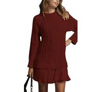 Generisch Mini robe à col rond pour femme - Automne/hiver - En tricot - Patchwork tendance - Jupe plissée, bordeaux, XL-4XL grande taille taille tall
