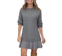 Generisch Mini robe à col rond pour femme - Automne/hiver - En tricot - Patchwork tendance - Jupe plissée, gris, L-4XL grande taille taille tall