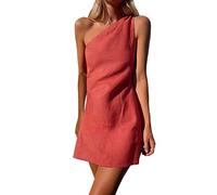 Generisch Mini robe en lin pour femme avec une épaule - Robe d'été décontractée sans manches - Robe moulante noire, rouge, S