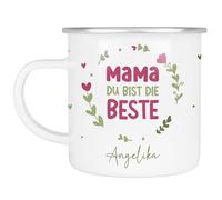 Generisch Minuscules® Tasse en émail personnalisée pour la fête des mères - [Nom au choix] Cadeau d'anniversaire, de remerciement, de Noël (Maman du bist die Beste - Émail argenté)