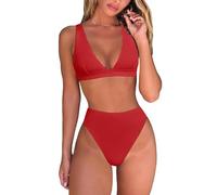 Generisch Montre-bracelet Smart Femmes Ensemble bikini taille haute sexy brésilien Triangle Haut Col V profond Maillot de bain deux pièces Maillots de bain Mini robe élégante, rouge, L
