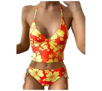 Generisch Nouveau Maillot de Bain Femme Sexy Imprimé Bikini Taille Haute Fente Maillot de Bain Bikini Haut 44, jaune, S