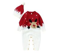 Generisch Nouveau-né Bébé Garçon Fille Noël Tricoté Barboteuse Pull Cerf Manches Longues Combinaison avec Chapeau Vêtements d'hiver chauds, rouge, 12-18 mois