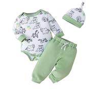 Generisch Nouveau-né Bébé Garçon Vêtements Tenues Dinosaures Impression Coton Manches Longues Barboteuse Pantalons Chapeau 3 Pièces Ensembles, vert, 3-6 mois