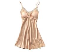 Generisch Nuisette sexy en satin pour femme - Dentelle sexy - Col en V - En soie - Nuisette - Bretelles spaghetti - Vêtement de nuit élastique - Pour femme, beige, L