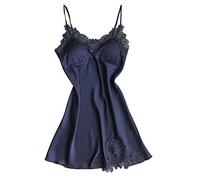 Generisch Nuisette sexy en satin pour femme - Dentelle sexy - Col en V - En soie - Nuisette - Bretelles spaghetti - Vêtement de nuit élastique - Pour femme, Marine, S