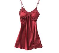 Generisch Nuisette sexy en satin pour femme - Dentelle sexy - Col en V - En soie - Nuisette - Bretelles spaghetti - Vêtement de nuit élastique - Pour femme, Bordeaux, S