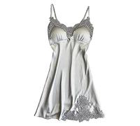 Generisch Nuisette sexy en satin pour femme - Dentelle sexy - Col en V - En soie - Nuisette - Bretelles spaghetti - Vêtement de nuit élastique - Pour femme, argenté, S