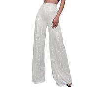 Generisch Pantalon 3/4 pour femme - Pantalon à paillettes décontractées - Paillettes scintillantes - Taille haute - Jambes larges - Pantalon évasé - Vêtements de boîte de nuit - Pantalon de VTT