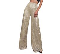 Generisch Pantalon 3/4 pour femme - Pantalon à paillettes décontractées - Paillettes scintillantes - Taille haute - Jambes larges - Pantalon évasé - Vêtements de boîte de nuit - Pantalon de VTT